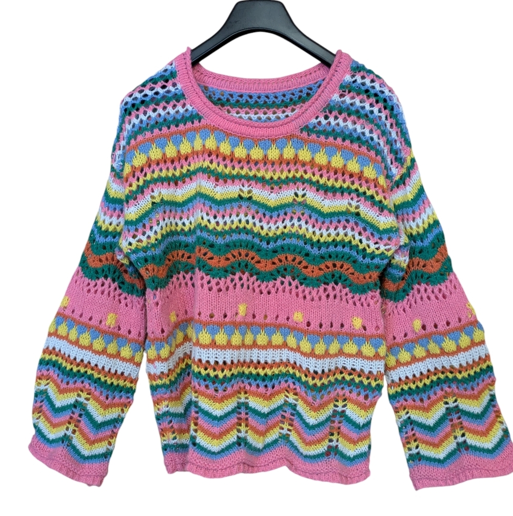 Crochet Boho Granny Colorful Oversized Sweater Size Medium